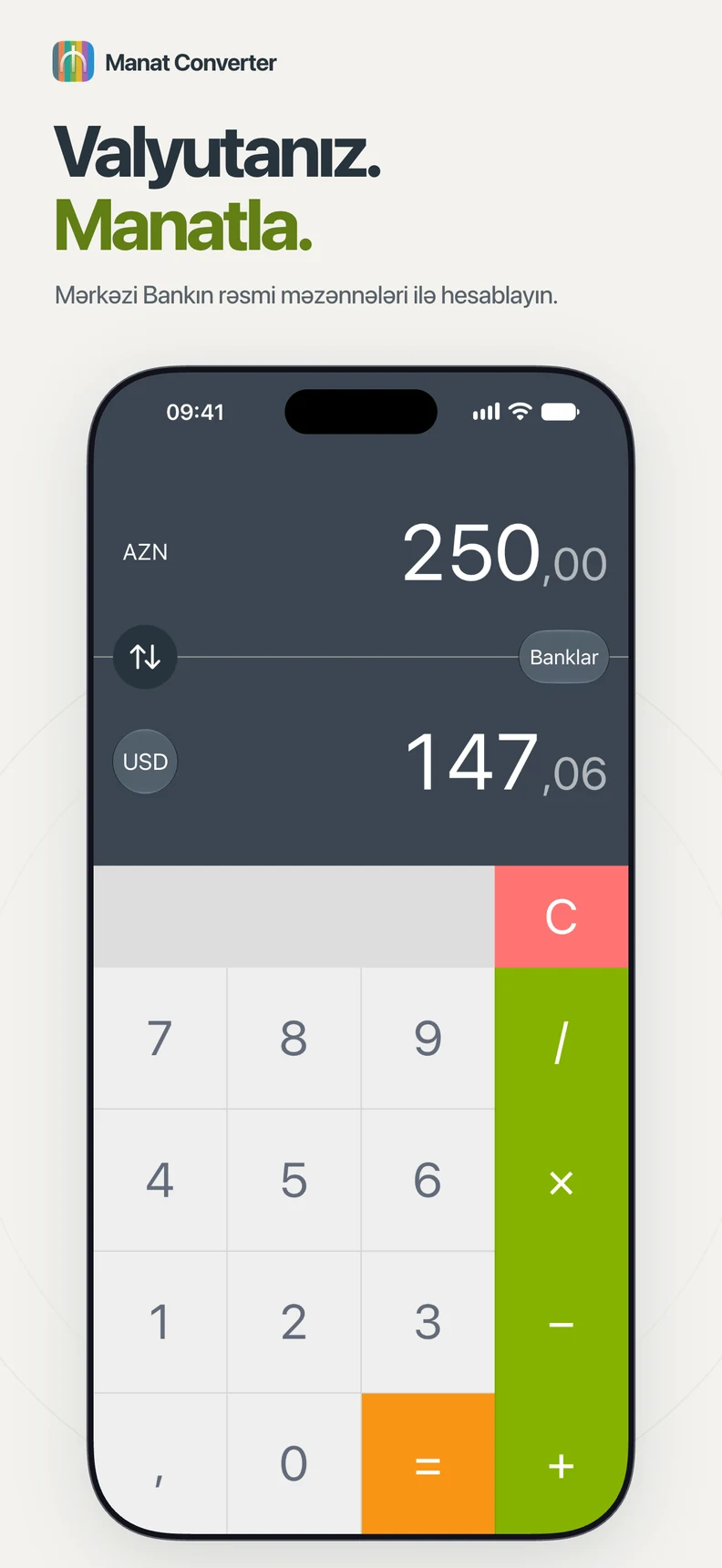 Manat Converter tətbiqində Azərbaycan manatı və ABŞ dolları ilə hesablamalar.