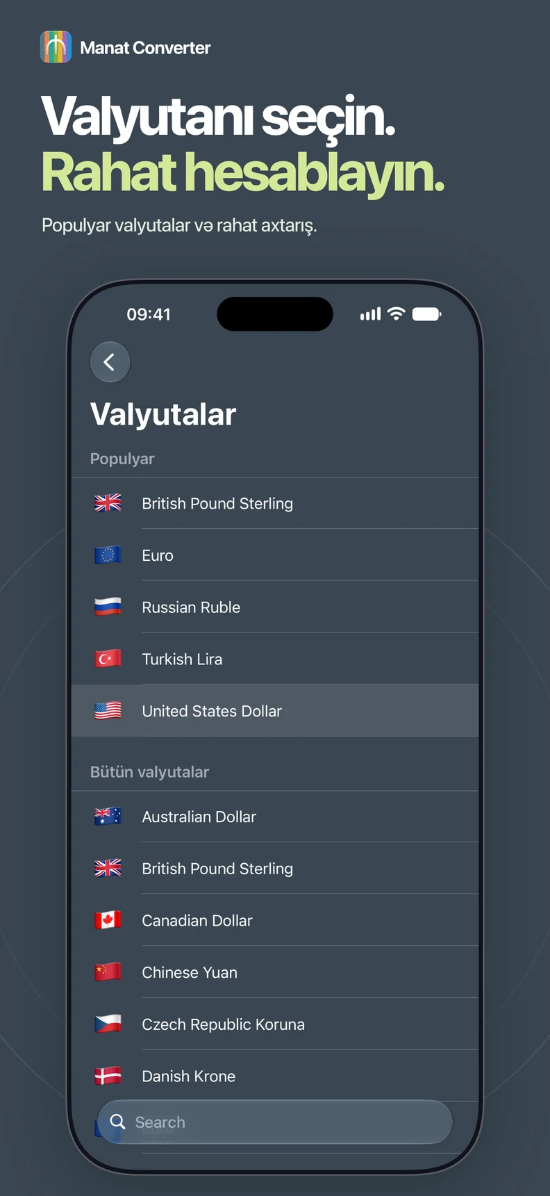 Manat Converter tətbiqində axtarış və populyar valyutalar olan valyuta siyahısı.