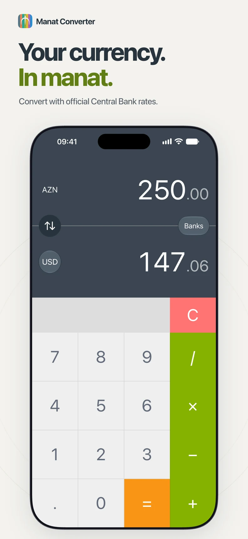 Manat Converter showing Azerbaijani manat and US dollar amounts with a calculator.