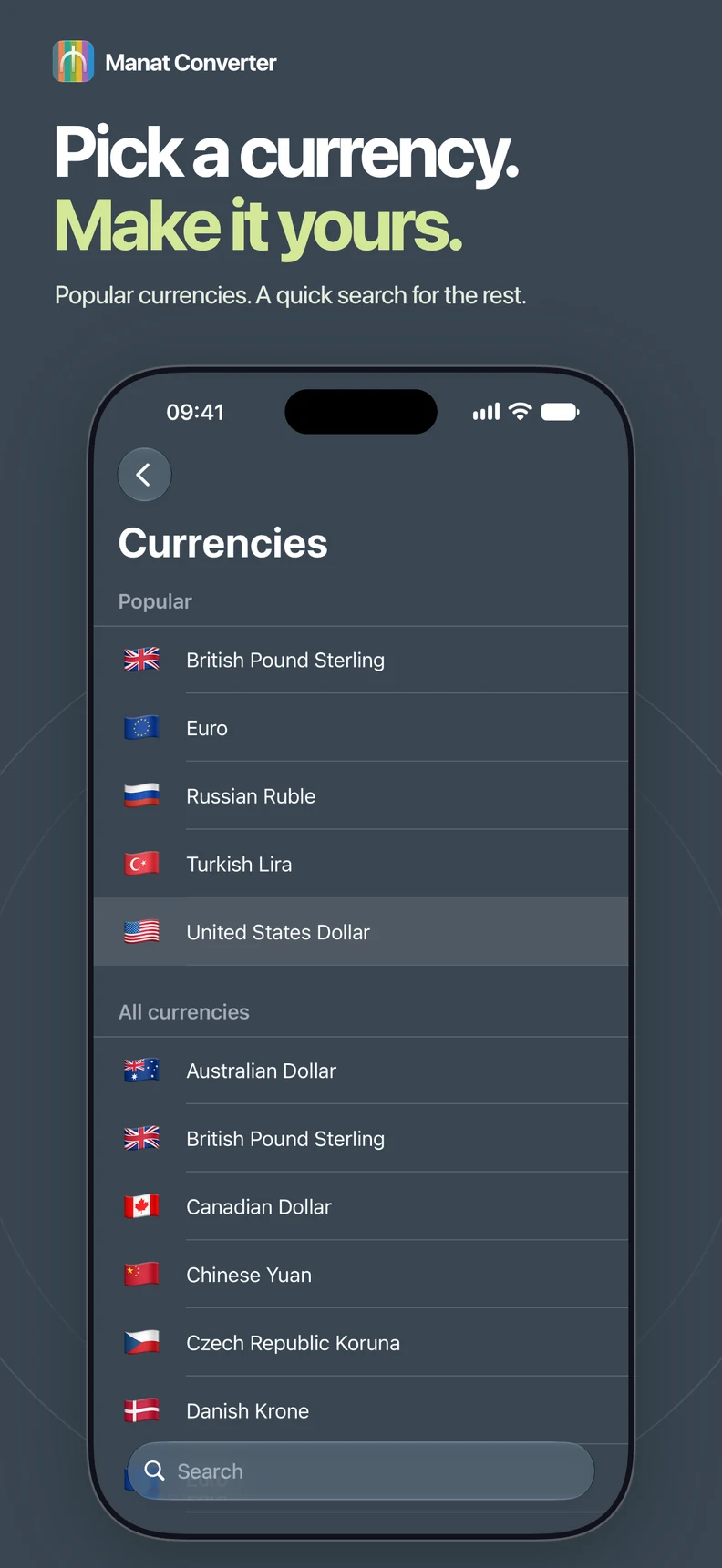 The currency list in Manat Converter with search and popular currencies.